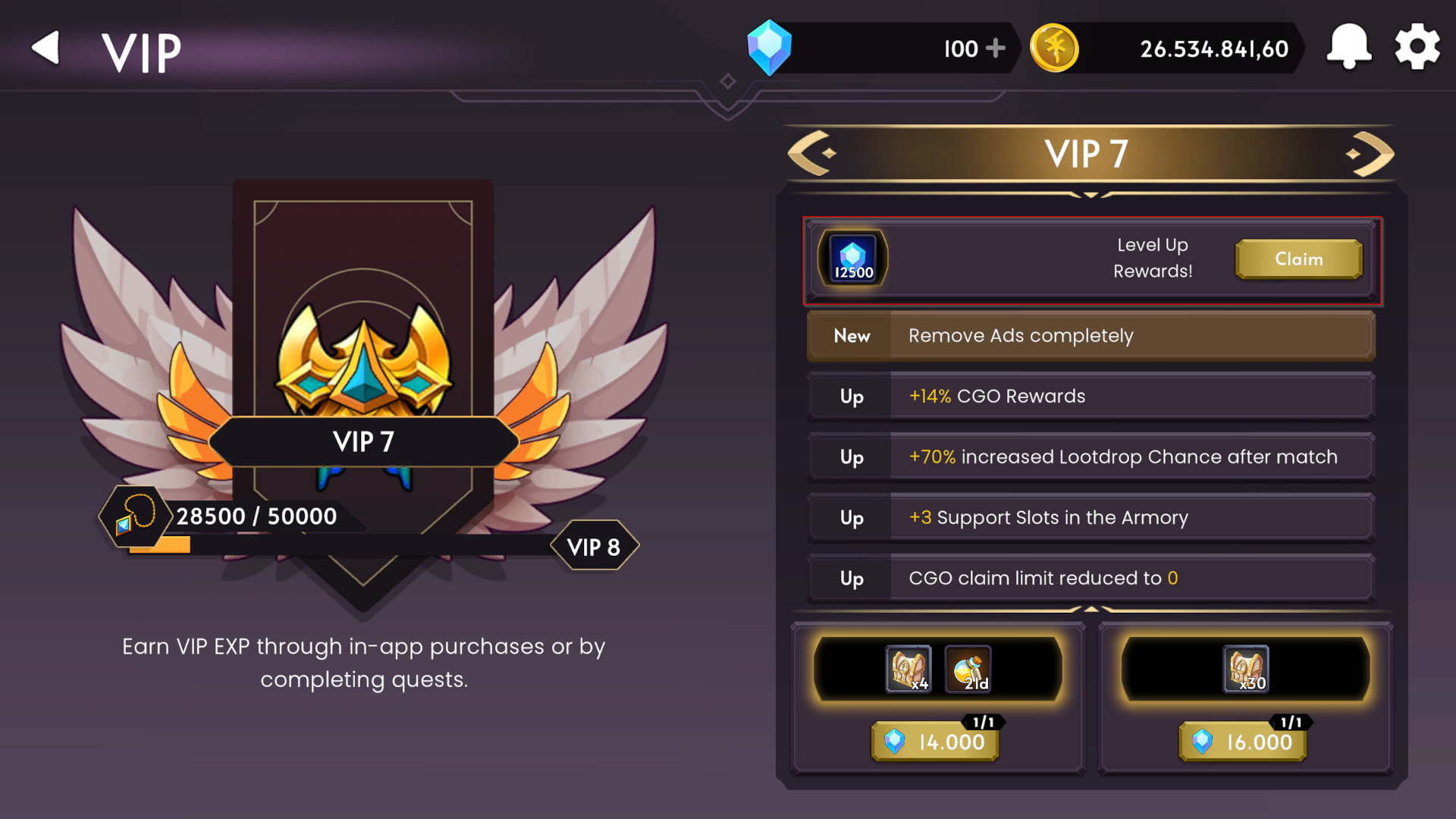 VIP Rewards via level ups